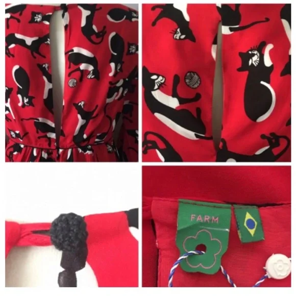 Rare Farm Rio Cat & Yarn Mini Dress Red Statement Print Resort Chic | Size S - Picture 7 of 7
